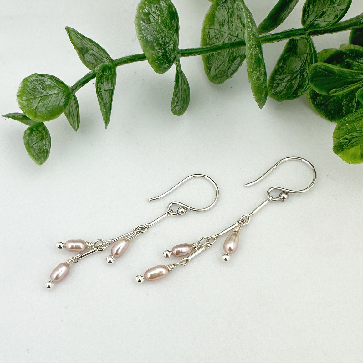 Pink Rice Freshwater Pear Sterling Silver Chain Earrings